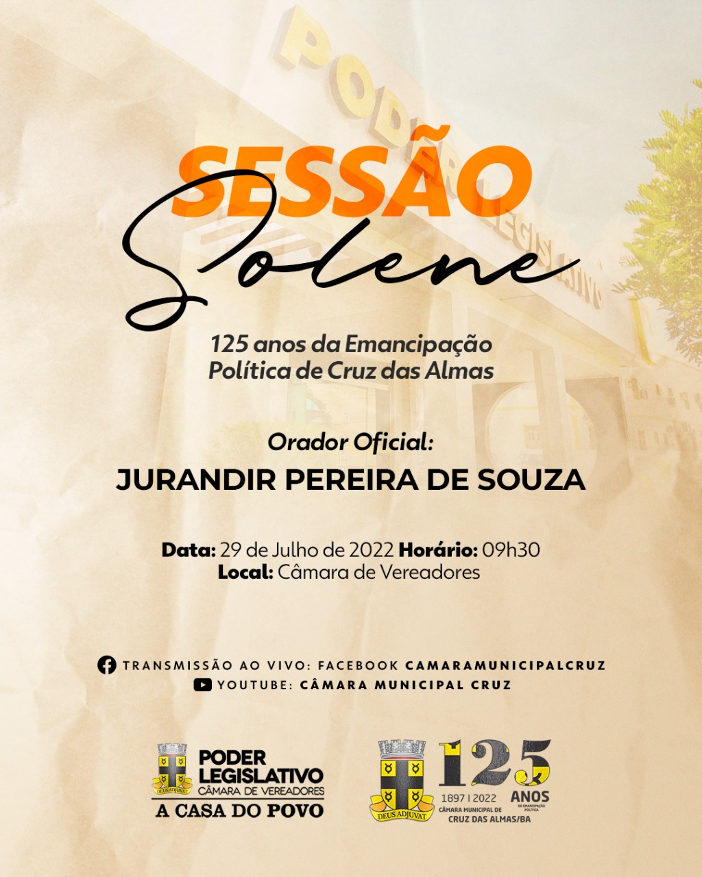 Câmara de Vereadores realiza Sessão Solene em comemoração aos 125 anos de Emancipação Política de Cruz das Almas