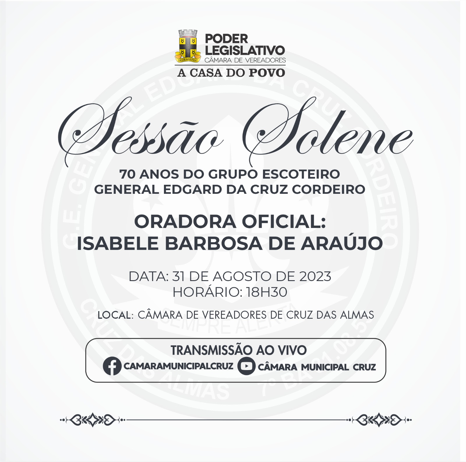 Câmara de Vereadores realiza Sessão Solene em comemoração aos 70 anos do Grupo Escoteiro General Edgard da Cruz Cordeiro