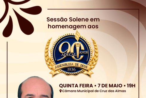 Pastor Ademilson Brito Ferreira será orador oficial em sessão solene pelos 90 anos da ADECAL