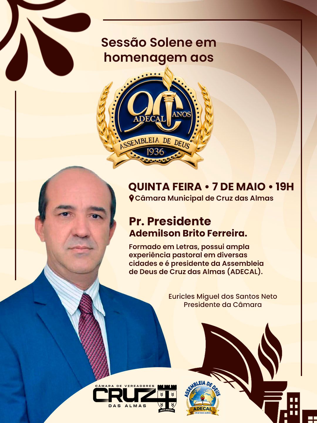 Pastor Ademilson Brito Ferreira será orador oficial em sessão solene pelos 90 anos da ADECAL