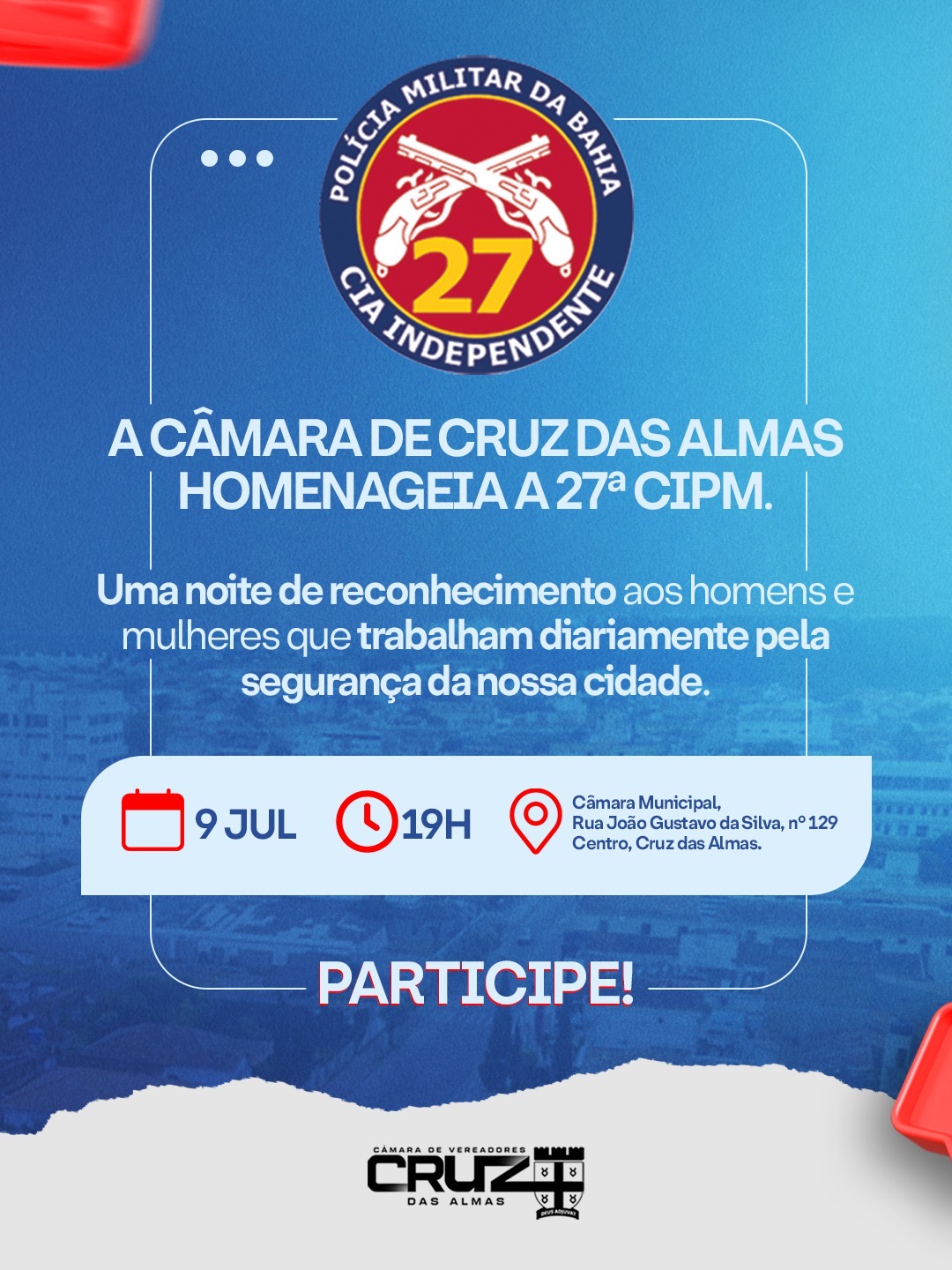Câmara de Cruz das Almas realizará primeira Sessão Solene em homenagem à 27ª CIPM com entrega da Medalha “27ª CIPM”