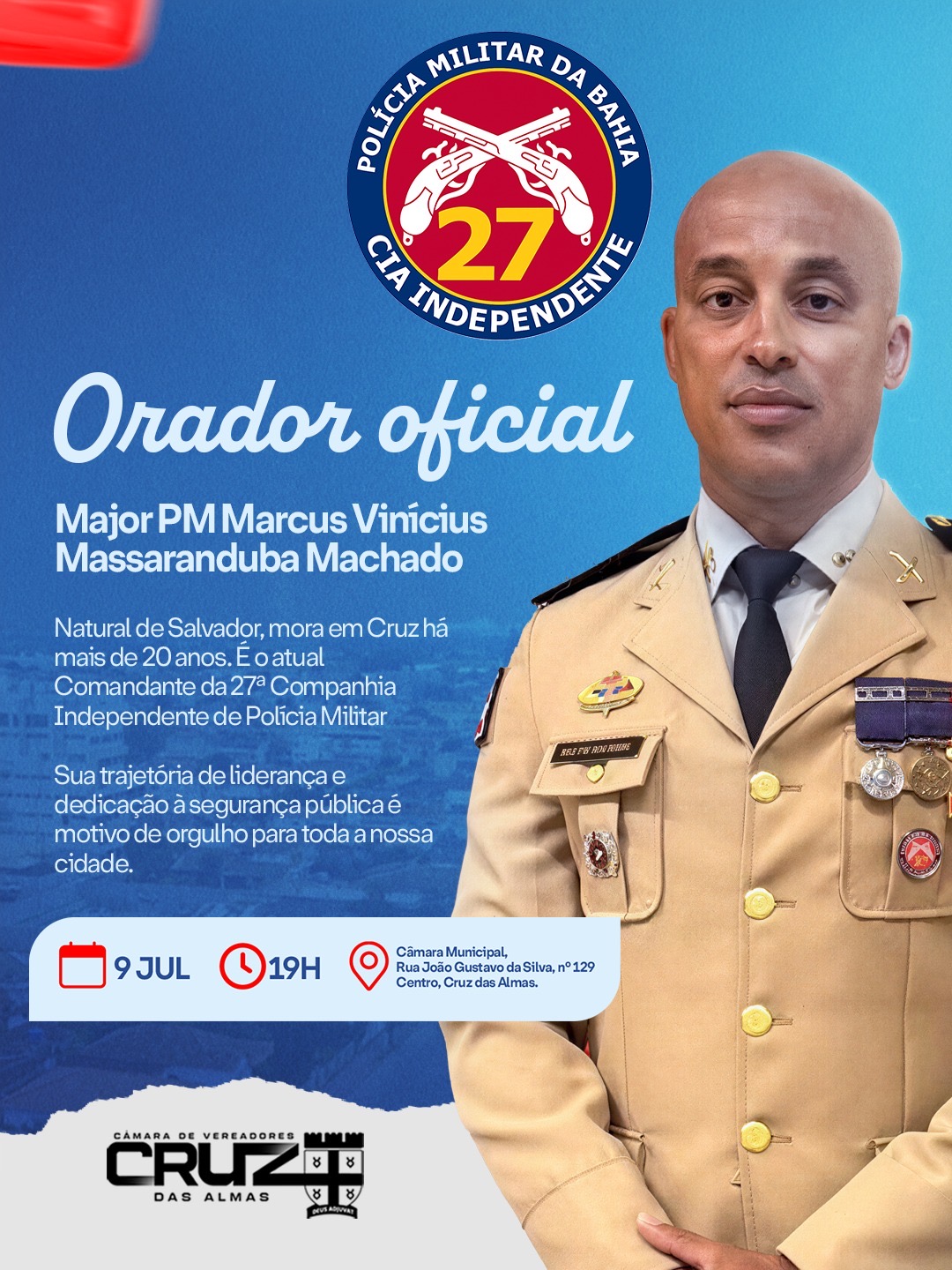 Major PM Marcus Vinicius será o orador oficial da homenagem à 27ª CIPM