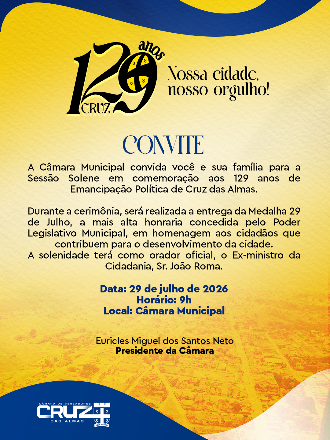 Câmara Municipal realizará Sessão Solene em comemoração aos 129 anos de emancipação política de Cruz das Almas