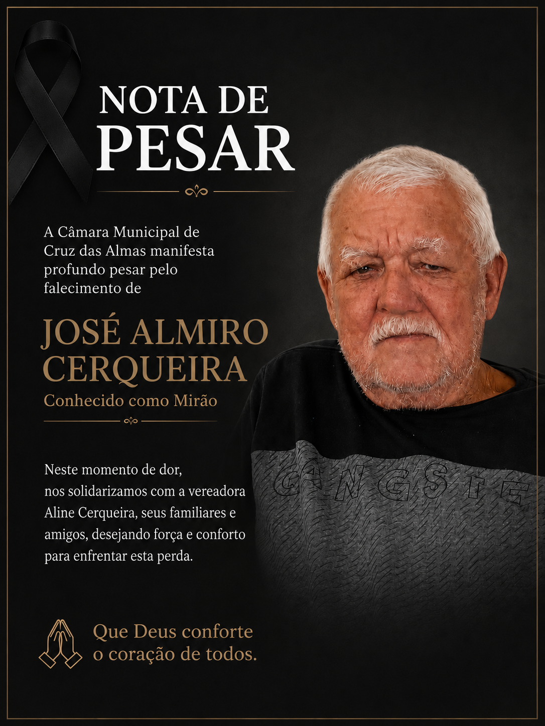 Câmara Municipal de Cruz das Almas manifesta pesar pelo falecimento de José Almiro Cerqueira