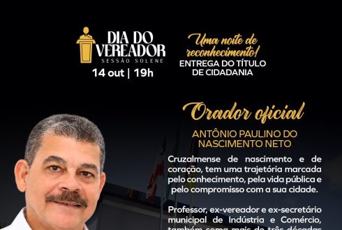Antonio Paulino do Nascimento Neto será o orador oficial da sessão solene em homenagem ao Dia do Vereador