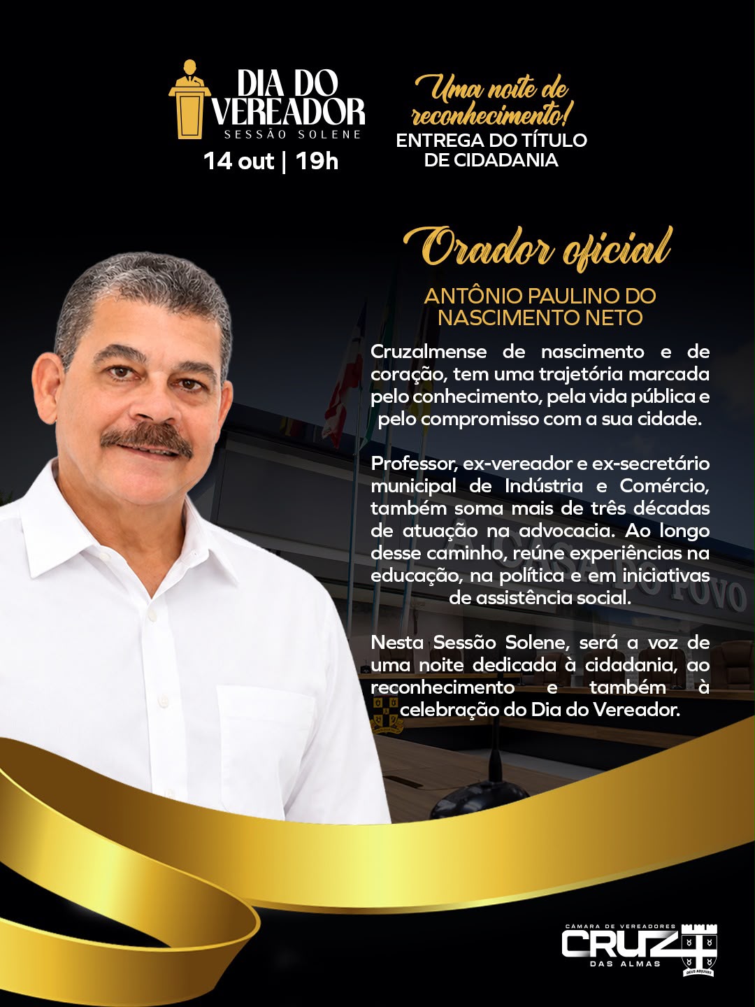 Antonio Paulino do Nascimento Neto será o orador oficial da sessão solene em homenagem ao Dia do Vereador